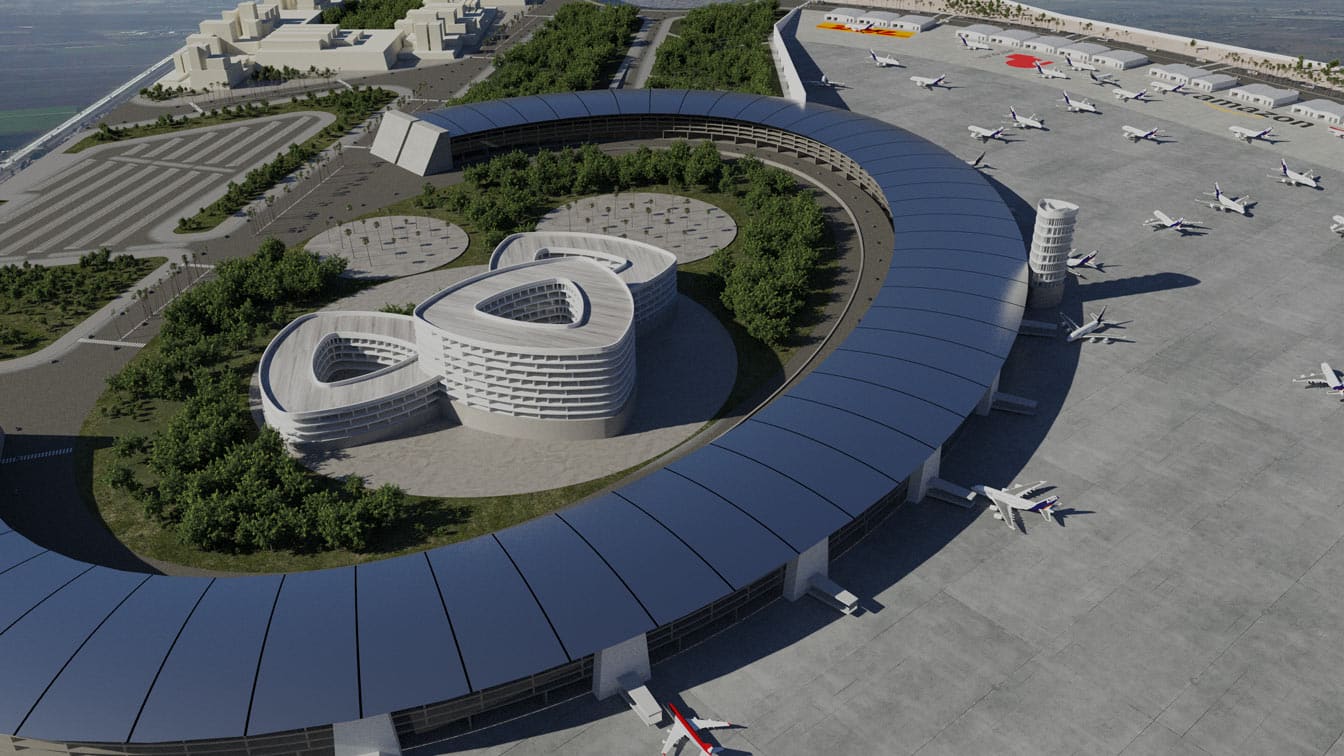 Render 3d arquitectónico realista de aeropuerto en Guadalajara